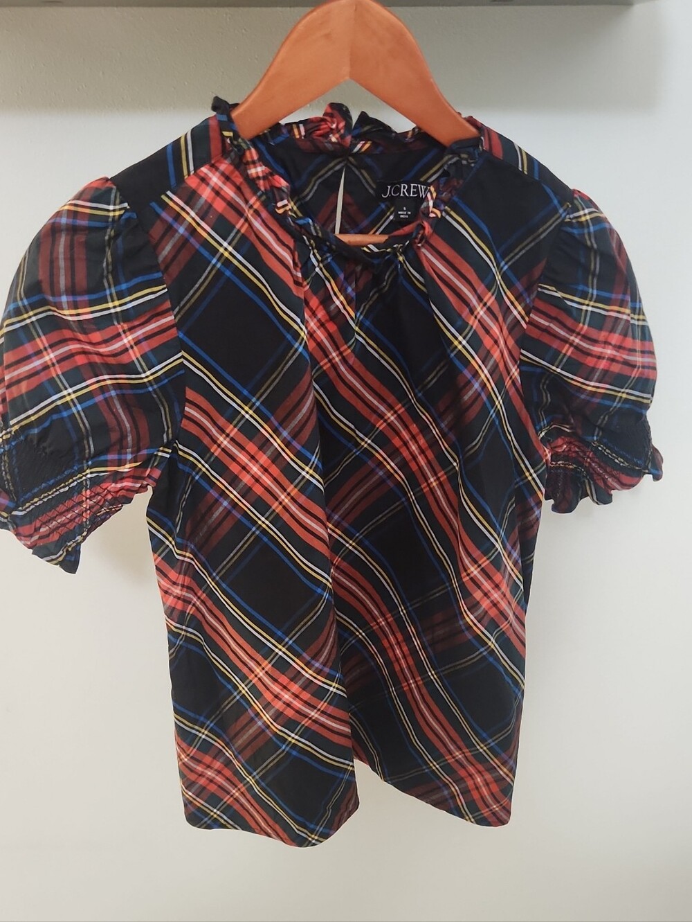 J. Crew Navy, Red and Yellow Plaid Short-Sleeve Puff Top